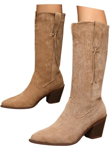MEECHI Stivali da Cowboy Western con Frange Boots Lunghi da Donna con Tacco A Blocco Scarpe Slip-on Calde A Punta for Autunno Inverno Stivali da Equitazione in Pelle Scamosciata retrò(Beige,36 EU)