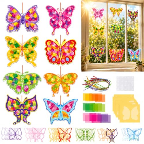 Gemejutor Decoraciones De Ventanas Manualidades Niños Primavera – 24 Mariposas Kit Manualidades DIY Decoraciones Ventanas Papel con Lámina Autoadhesiva, Manualidades Primaverales para Niños Jardín