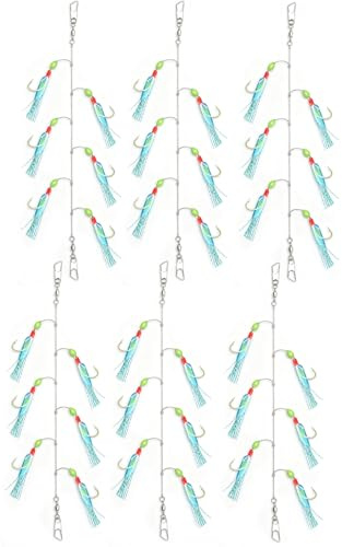 6 Pcs Mackerel Feathers Rigs, Pre Tied Sea Fishing Tackle with Luminous Beads, Mackerel Lures Hooks, High Carbon Steel Hooks Anti Tangle Sea Fishing Rigs for Cod Bass Herring Night Fishing