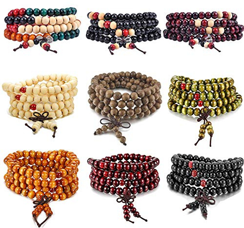 K&Q 9 Pcs Mens Womens Wood Chain Bracelets, Handmade Multilayer 8MM 108 Buddhist Strand Wood Mala Beaded Elastic Bracelet Necklace-Meditation Prayer Beads for Yoga, Spiritual Protection & Good Luck