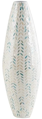Deco 79 Mother of Pearl Shell Handmade Decorative Vase Tall Mosaic Centerpiece Vase with Blue Accents, Flower Vase for Home Decoration 10 x 10 x 33, Cream
