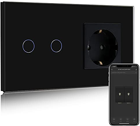 BSEED Presa normale con interruttore della luce Smart Alexa, compatibile con Alexa, Google Home, interruttore touchscreen in vetro, interruttore della luce intelligente a 2 scomparti, 1 via, presa 16