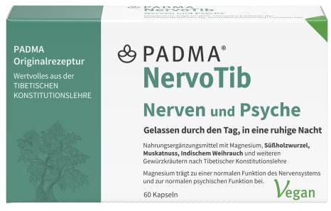 PADMA NervoTib Tibetische Kräuterrezeptur mit Magnesium. Dieses unterstützt Nerven, Psyche, Energiestoffwechsel & verringert die Müdigkeit. 60 Kapseln