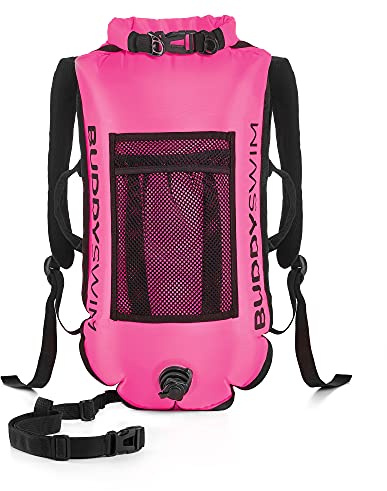 BUDDYSWIM Sac à Dos pour bouée de Natation en Eau Libre 28 L avec Sac étanche à 100% et Coussin Dorsal détachable. Bouée de sécurité pour la Natation, légère, Durable et Facile à Plier. (Rose)