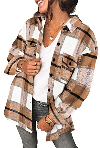 Saslax Chemise-veste décontractée à carreaux en flanelle boutonnée surdimensionnée à manches longues pour femme Veste d'automne, Abricot Petite