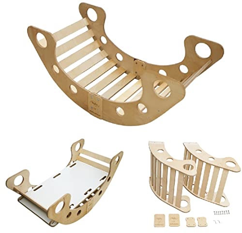 Skyline Balancelles Bascule Enfant Montessori Bebe 1 an Escalade Arche en Bois Mur descalade meble Arc à Grimper Bascule d'équilibre Portique d'escalade avec Toboggan XL Naturel