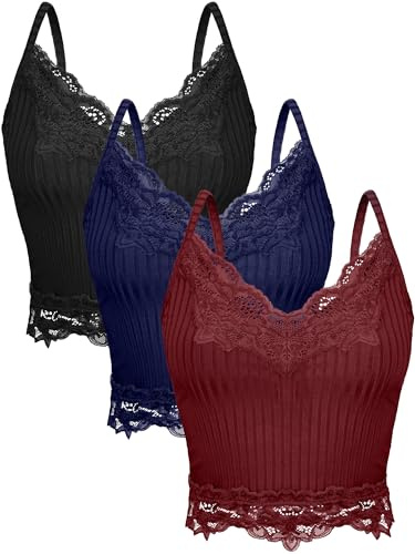Bencailor 3 Pcs Women's Lace Tank Tops Y2k Camisole Tops Lace Patchwork Crop Tops Grunge Style Ribbed Knitted Tank Tops, Burgundy, Navy Blue, Black, M