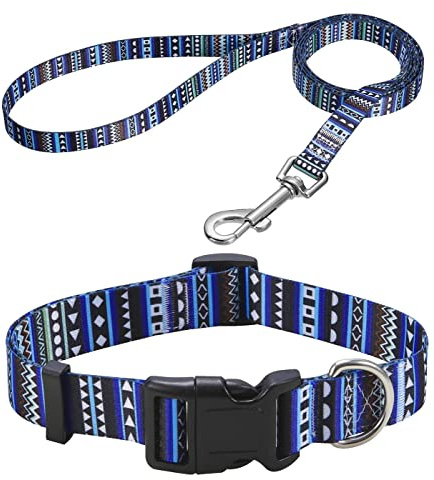 Mihqy Dog Collar and Leash Set, for Large Dogs, Bohemian Blue Set,L | with Bohemia Tribal Geometric Patterns, Adjustable for Small Medium Large Dogs, Comfortable for Walks and Outdoor Hikes