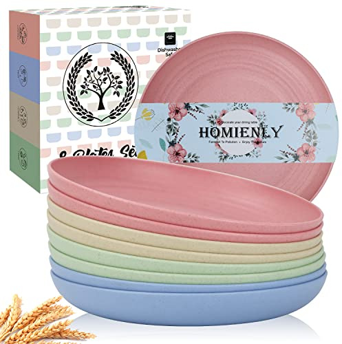 Homienly Deep Dinner Plates Set of 8 Unbreakable Wheat Straw Plates Plastic Reusable Plates for Kitchen, Picnic, RV, Dishwasher and Microwave Safe Plates for Salad, Dessert (Fresh Light, 9 inch)