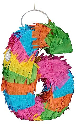 Relaxdays Mini Pinata Zahl 6, Regenbogenpinata Geburtstag, HBT: 20,5 x 15 x 4,5 cm, Piñata Kinder, zum Befüllen, bunt