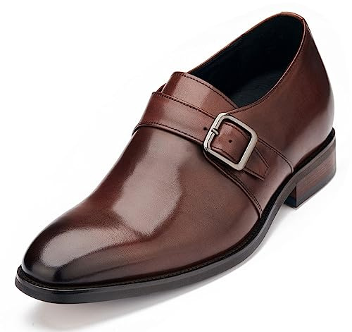 CALTO Men's Invisible Height Increasing Elevator Shoes - Coffee Brown Leather Slip-on Monk-Strap Dress Loafers - 2.8 Inches Taller - Y7255 - Size 7.5 UK