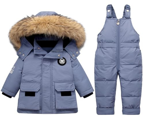 Acuryx Tuta da Neve 2 Pezzi da Bambini Ragazzi Capppotto in Piuma con Cappuccio Pellicia + Salopette da Neve Bambina Giacca Invernale Impermeabile Blu 2-3 Anni