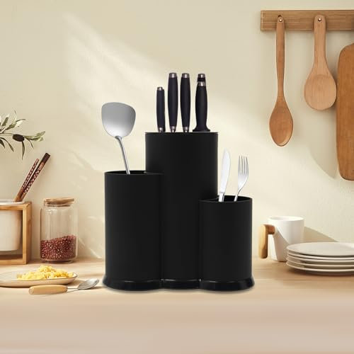Bloc à couteaux universel 3 en 1 non équipé - Support de rangement rond multifonction - Porte-couverts amovible - Convient pour le nombre de couteaux : 4 à 5 (noir)