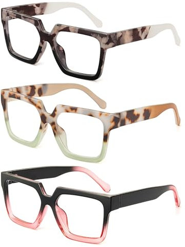 JM Paquete de 3 Gafas de Lectura Cuadrados, Sobredimensionado Gafas de Lectura con Bloqueo a Luz Azul Para Mujeres y Hombres