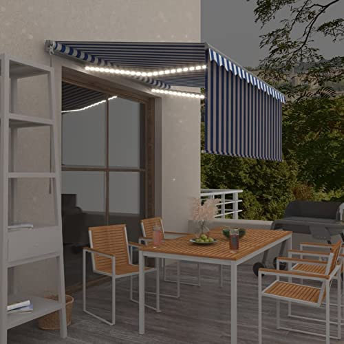 Homgoday Toldo de brazo articulado, manual retráctil, toldo para balcón, toldo con persianas y LED, protección solar, altura y ángulo ajustable, para balcón, ventana, 3 x 2,5 m, azul y blanco