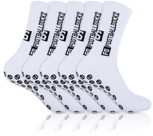 Sykerout Calcetines de fútbol, calcetines deportivos antideslizantes, Calcetines Futbol Antideslizantes con Agarres (5 Paar weiße)