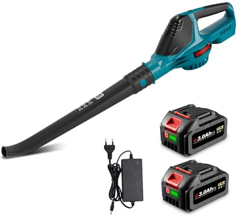 ONEVAN sopladora de Hojas con bateria, 220 km/h soplador de Aire inalámbrico, 5 velocidades, sin escobillas, sopladoras de Jardin soplador de Nieve para Todas Las Estaciones, con 2 baterías 3,0 Ah