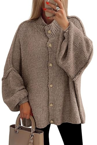 HULKAY Women's Winter Button Down Cardigan Sweaters Mock Neck Lantern Long Sleeve Chunky Knit Jacket Trendy Outerwear (UK, Alpha, L, Regular, Regular) Khaki