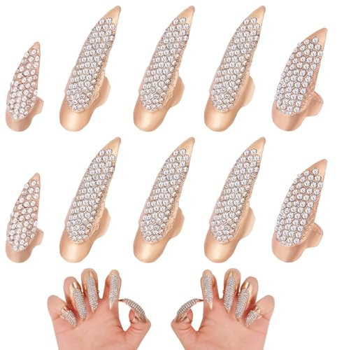 GLOBLELAND Set di 10 artigli d'oro, per unghie artificiali, gotico, punk, dita intere, anello per unghie finte, leggero, curvo, per donne, uomini, cosplay