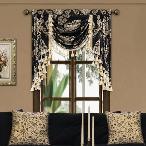 TOPLUXE Swag Valance for Windows, Jacquard Waterfall Short Curtain with Tassels for Bedroom Living Room Kitchen Decoration, Rod Pocket (Width 100cm, Black)