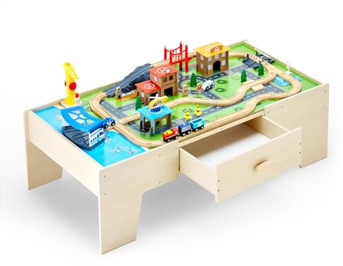VEVOR Tavolo Ferroviario con Treni Binari Giocattolo, 62 Pezzi Multicolore in Legno, Set di Trenini in Legno con Ampio Cassetto Portaoggetti per Giocare, Disegnare, Set Giocattoli Creativi per Bambini