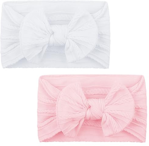 FAYAHAR 2 Piezas Diademas Bebé Niñas, Estirable Nylon Diademas, Elástica Mariposa Diadema, Lazos Pelo Bebe, Diadema para Neonatal Lactante Niño Pequeño Niños (Blanco+Rosa)