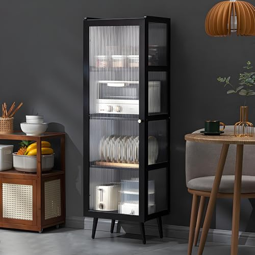 CHZIMADE Kitchen Storage Cabinets Pantry Cupboard 3 Tier Bakers Rack with Transparent Glass Door Microwave Stand for Dining Room Black (5-Tier (42x33x136cm))