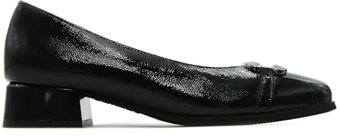 PITILLOS - Zapato de salón,Mercedita con tacón bajo,Piel,Sencillo,manoletina,Charol,Brillo,eslabón de Adorno para: Mujer Color: Negro Talla:41