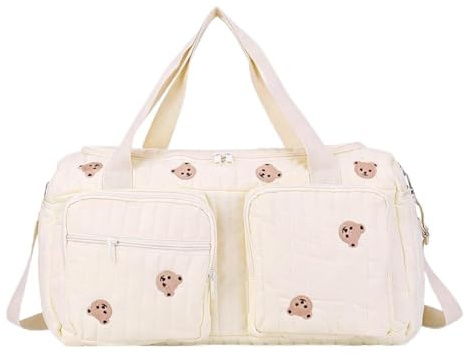 Umllpet skötväska i bomull 48 x 22 x 26 cm, klinikväska med björnbroderi | Mjuk bomull, strukturerade fack, vadderade remmar, för klinik och weekendresa