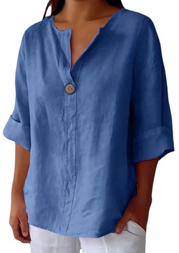 Plus size-blus för kvinnor, enkel V-ringad tunika, chiffongblus med knappar fram, sommarkollektion 2026 (2 nyanser av blått).