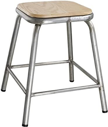 Bolero Galvanised Steel Low Stools with Wooden Seatpads (Pack of 4), Silver & Wood Colour, Industrial Urban Distressed Rusted Style Stools, Seat Height: 470 mm, DE478