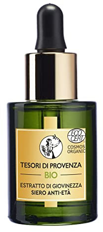 Tesori di Provenza Siero Bio Estratto di Giovinezza, Anti-età e Rimpolpante, Per Pelle Bisognosa di Rigenerazione, Con Acido Ialuronico e Olio e Polpa d'Oliva BIO, 30 ml