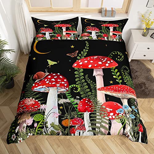 feelingyou Roter Pilz Bettwäsche-Set,Magische Pflanzenschnecke Bettwäsche Set 135x200cm,Dschungel botanisch Betten Set für Kinder Mädchen Teenager 2St.Reißverschluss Mikrofaser