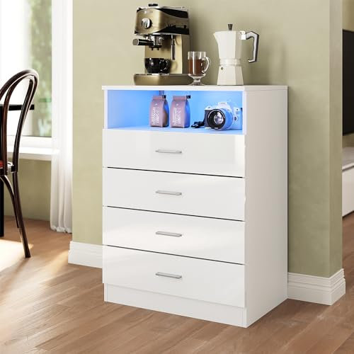 SUNXURY Kommode mit LED Beleuchtung in Weiß Kommode mit Schubladen Komodenschrank mit 4 Schubladen Kommode Schlafzimmer 60 x 83 x 40cm Schubladenschrank