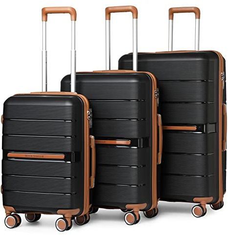 British Traveller Koffer Trolleys Set Hartschalenkoffer 100% PP Handgepäck Koffer mit 8 Spinnerräder Rollkoffer Reisekoffer TSA-Schloss Neu Schwarz