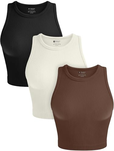 OLCHEE Womens 3 Pack Crop Tank Tops Basic Seamless Ribbed Round High Neck Racerback Workout Top Summer Causal Yoga Gym Shirts - Black Brown Beige Medium