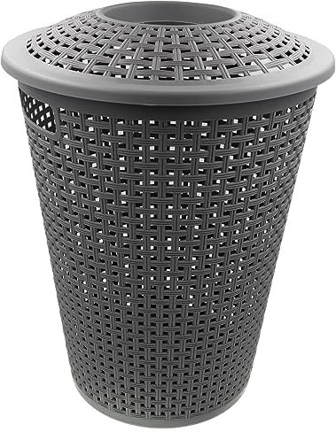HRB Wäschekorb mit Deckel Rattan, Wäscheaufbewahrung aus Kunststoff, Wäsche Sortierer (Grau, Rund)