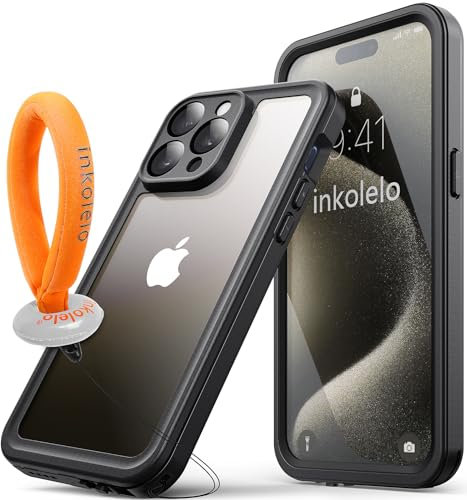inkolelo für iPhone 15 Pro wasserdichte Hülle, 360 Grad Schutzhülle Unterwasser Handyhülle mit Schwimmender Schlüsselband, IP68 Wasserdicht Staubdicht Stoßfest Handytasche 6,1 (Schwarz/Orange)