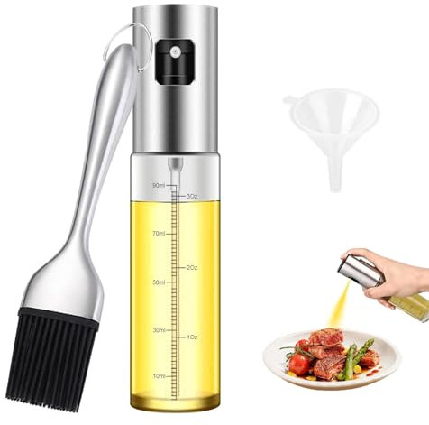 HIYAA Ölsprüher, 100ml Ölsprüher für Speiseöl Transparen Glas Oil Sprayer Sprühflasche mit Rostfreie Stähle Bürste und kleiner Trichter für Kochen,Grill,Heißluftfritteuse,Salat
