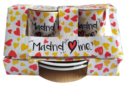 Juego de café tazas blancas con corazones rojos y amarillos Madrid me quiere.