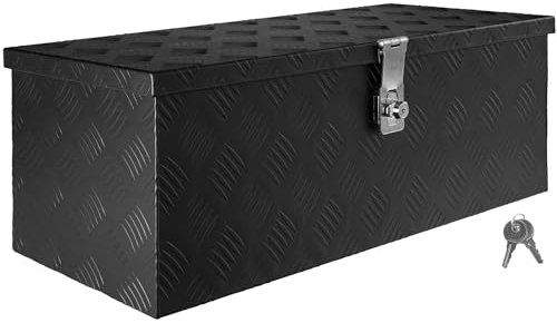 Trucky Deichselbox Schwarz Werkzeugkasten Truckbox Alu Box Anhänger Kiste mit Deckel Abschließbar Alubox Transportbox Werkzeugbox Aluminium Aufbewahrungsbox D050