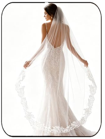 Unsutuo Velo de novia de encaje de 1 nivel con borde floral, velo de tul con peine para mujer, Blanco, Talla única