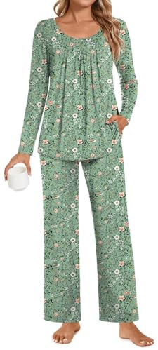 POPYOUNG Plus Size Ladies Pyjamas 2 Piece Pjs for Women Sets Fall-Winter Long Sleeve Lounge Sets Long Pants Sleepwear XL, FL Mix Green