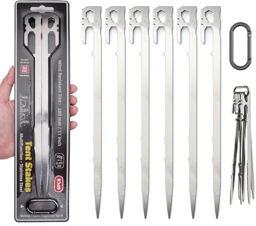 LATERN 6 Stück Hochleistungs-Zeltheringe, 28CM Edelstahl Camping-Zeltheringe Multifunktionale Bodenheringe mit Haken und Loch für Outdoor Ausflüge Wandern Gartenarbeit Harter Boden (mit Karabiner)