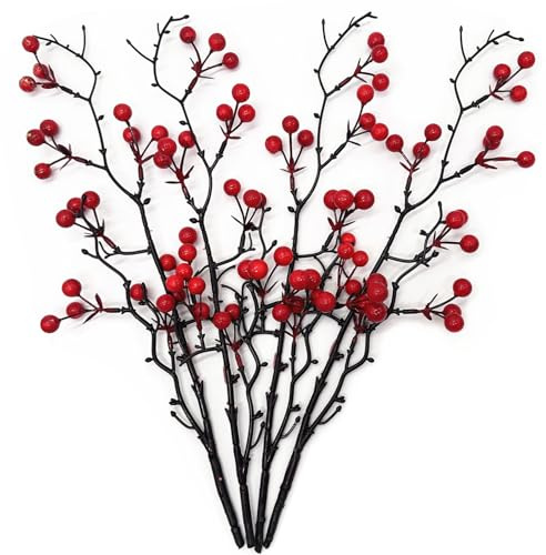 Artificial Red Berry Stems, Fake Holly Berries Branches Picks Faux Twig Plant Bouquet of Flowers Decor for Home Hotel Event Plastic Plants Floral Vase Arrangement Centerpiece Decoration 16.5 - 4 Pack