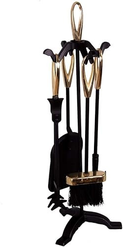 5 Pieces Companion 24 Set Fireside Fire Tools Fireplace & Accessories Black and Brass Stand Tongs Shovel Brush Chimney Poker (Black&Brass)