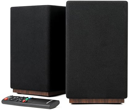 Roxel Infinity Active Bookshelf Speakers, 60W HiFi Stereo Sound, Wireless BT 5.3, HDMI ARC, USB, Optical, Adjustable Bass/Treble, Elegant Fabric Design, Black/Walnut Finish, 3 Metre Speaker Cable