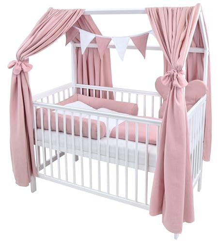 Generisch Baby Delux Babybett Komplett Set Hausbett 60x120 cm weiß Rausfallschutz Kinderbett Matratze Bettwäsche Deko Set (Musselin Himmel, Rosa Musselin Waffelpique)