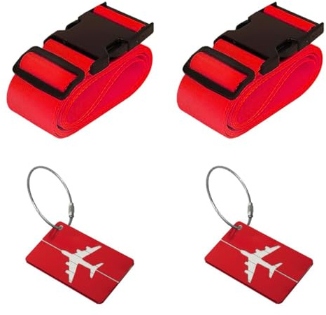 GNALIA Sangle Pour Valise, 2 Pièces + 2 Badges D'Embarquement, Rouge, 5Cm Large Réglable, Sécurité Voyage Avion Bagage