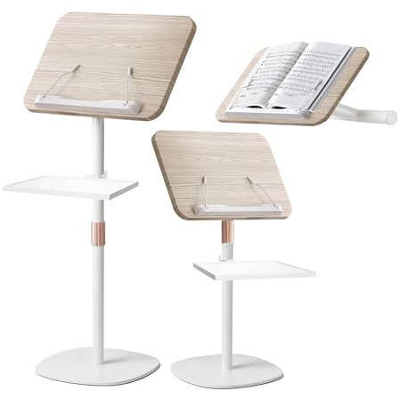 NAMON Floor Music Stand with Tray – 180° Adjustable Solid Wood Desk, Height Adjustable from 16.5 to 51 Inches – Perfect for Projectors, Reading, Laptops & More（White）